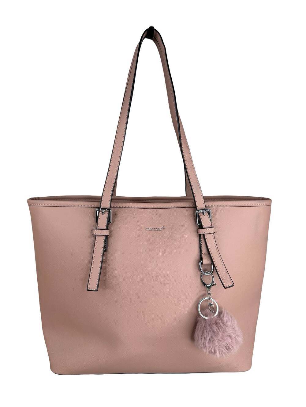 Tan Tomi Blush Pink Saffiano Faux Leather Tote Bag with Pom Pom Charm